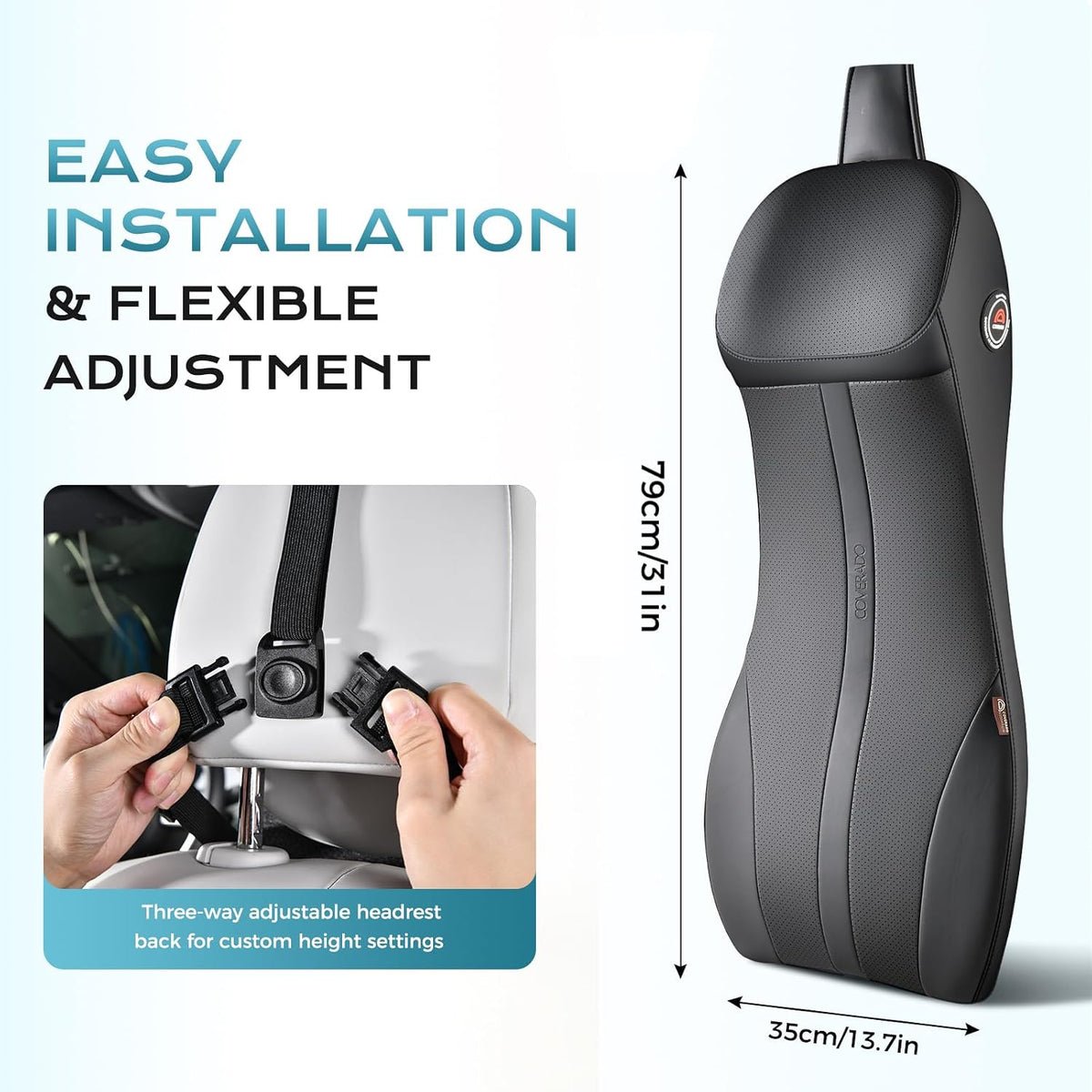 Coverado Lumbar Support and Headrest Pillow for Car, Integrated Design Ergonomic Memory Foam Head Neck Support Pillow for Driving Seat, Soft Leather Breathable Back Support, Back Pain Relief, Black