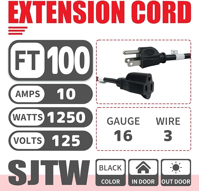 EP 100 Ft Outdoor Extension Cord - 16/3 SJTW Black Electrical Cable with 3 Prong Grounded Plug