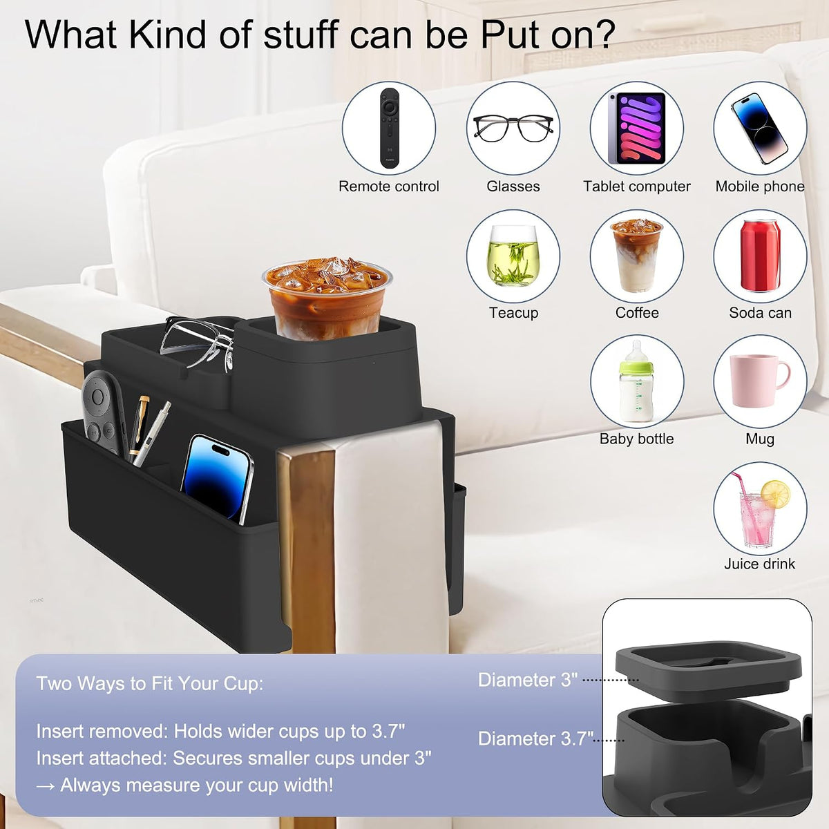 KindGa Couch Cup Holder - Silicone Sofa Armrest Organizer Couch Caddy Black