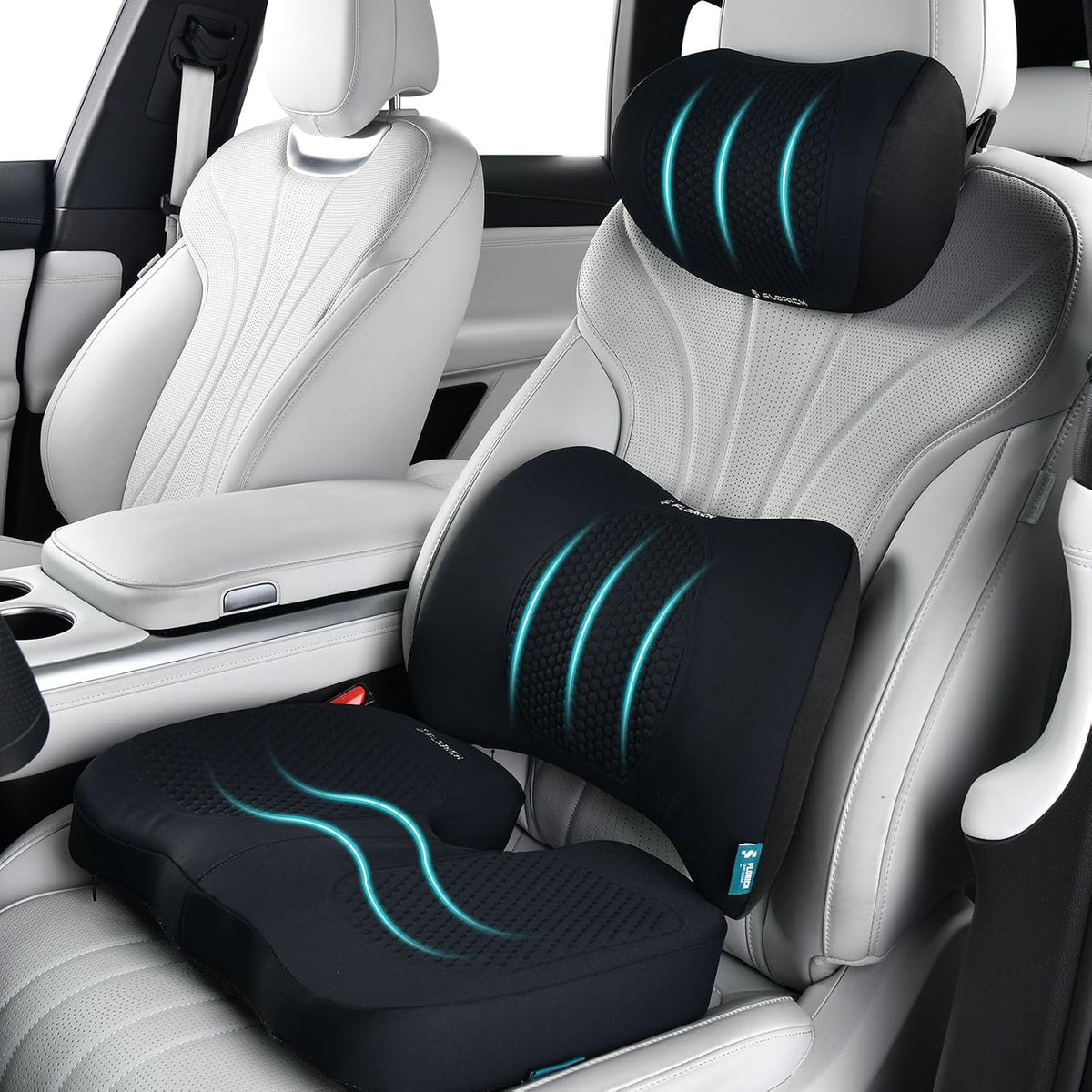 FLORICH 3 PCS Seat Cushion for Carseat Lumbar Support Pillow Car Neck Headrest Pillow 100% Memory Foam Seat Pads Pressure Relief Back Cushion for Office Chair(Black)
