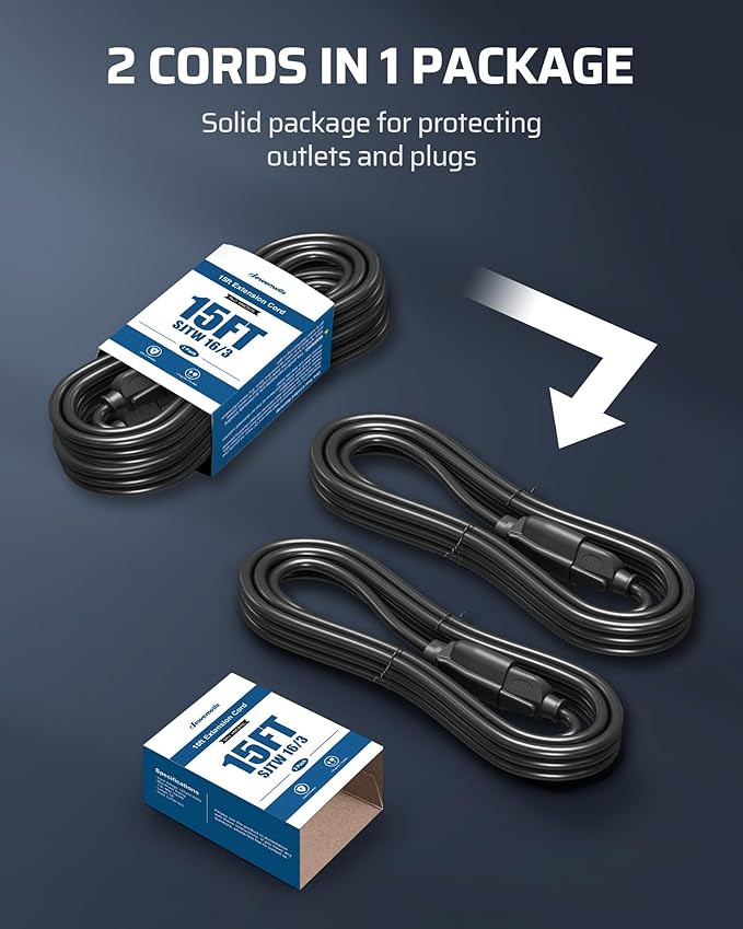 DEWENWILS Extension Cord 15ft, 14/3 SJTW Weatherproof Power Cable for Indoor Outdoor Use, 3 Prong Heavy Duty Power Cord, Black, ETL Listed, 2 Pack