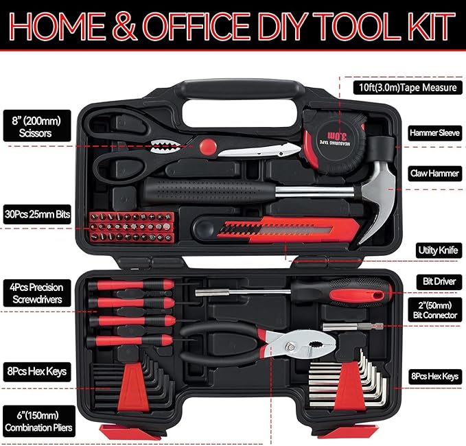 MARTCOLOR 58 Piece Household Tool Set, General Household Hand Tool Kit with Plastic Toolbox Storage Case, All Purpose Household Tool Kit for Home, Garage, Office and College Dormitory Use, Red
