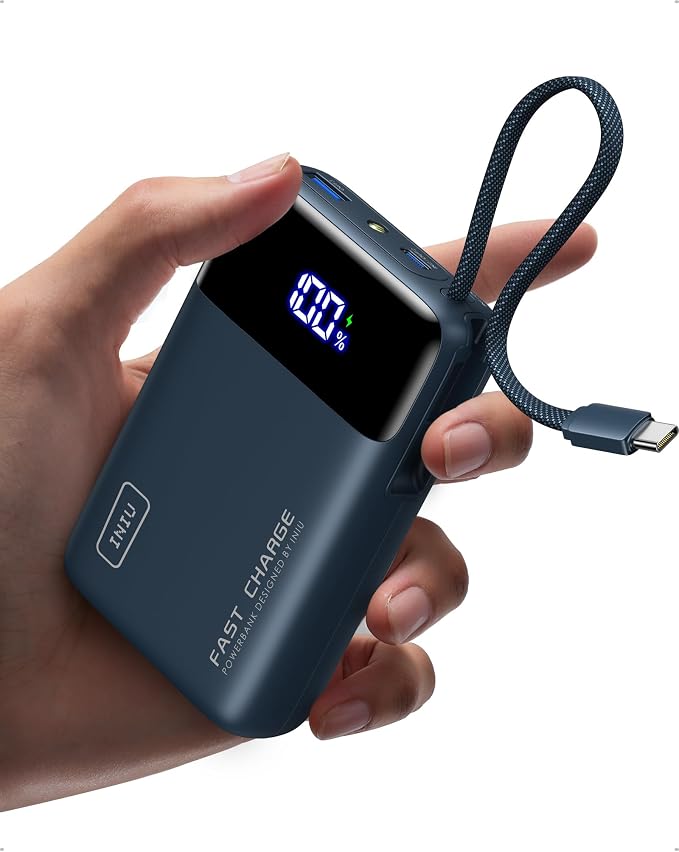 INIU 20000mAh Power Bank, Small Portable Charger, 45W PD Fast Charging Battery Pack with Build in USB-C Cable, Travel Phone Charger for iPhone 17 16 15 14 Air Samsung S25 S24 Google iPad Xiaomi, Blue