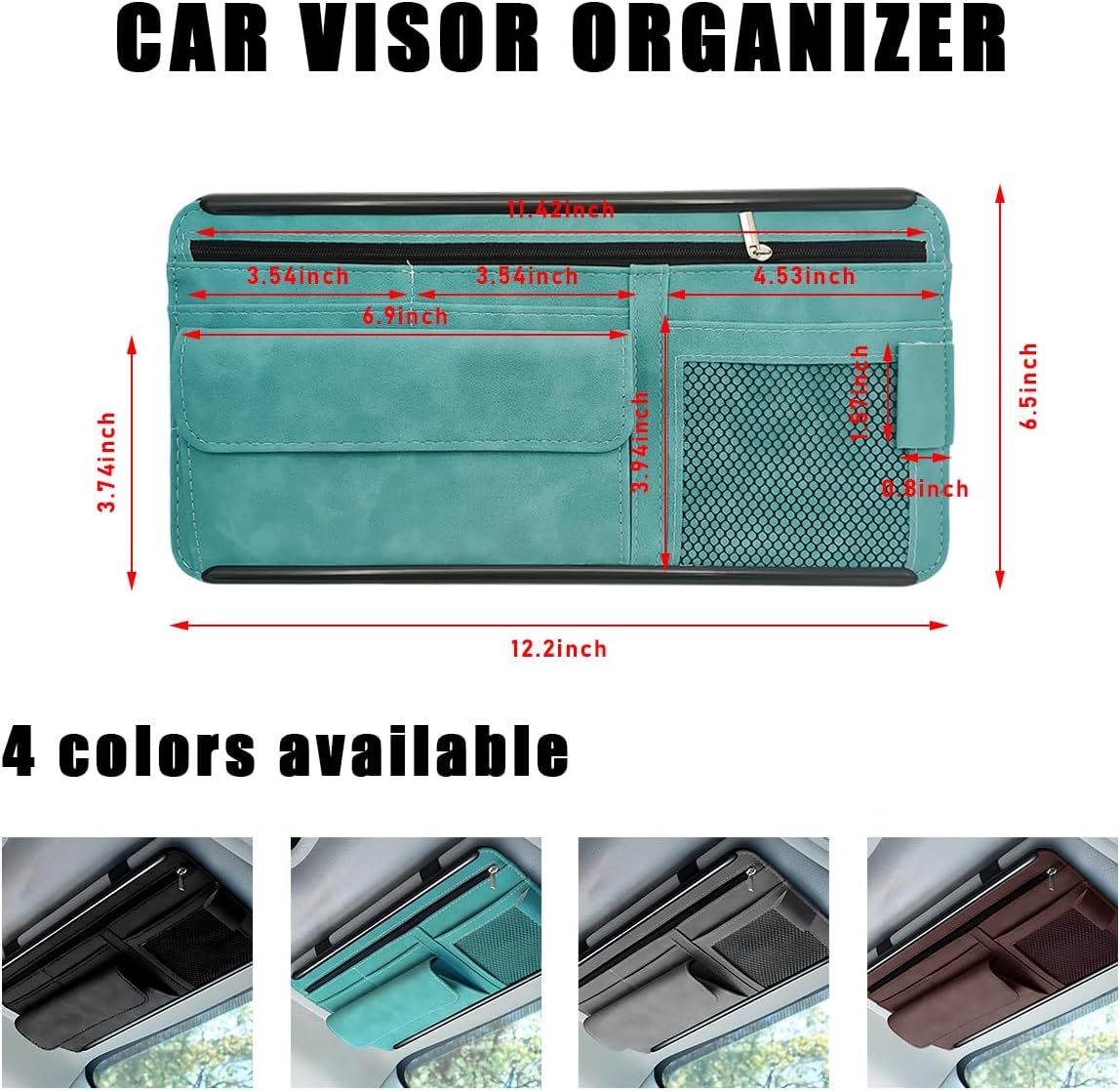 Yourkar Car Sun Visor Organizer, Soft Leather Surface Eyeglasses Note Card Holder Car Storage Bag, Scratch-Resistant Waterproof Auto Sunshade Organizer Bag, Car Accessories (Blue)