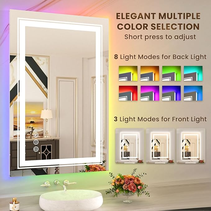 WTTY RGB LED Bathroom Mirror 28"x36" with Backlit and 3 Front Light,Stepless Dimmable LED Mirror for Bathroom,Lighted Bathroom Vanity Mirror for Wall,Anti-Fog,Memory Function,Shatter-Proof