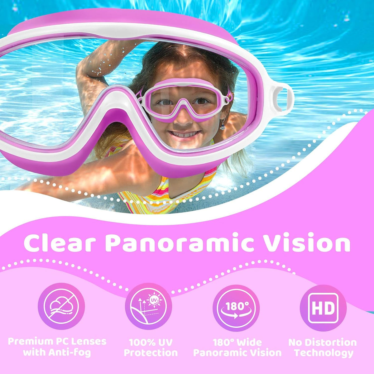 Vvinca Kids Swim Goggles - Wide View Anti-Fog UV Protection | Bungee Strap for Ages 3-14