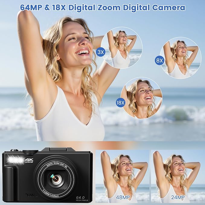 4K Digital Camera for Photography, 64MP HD WiFi Vlogging Camera for YouTube