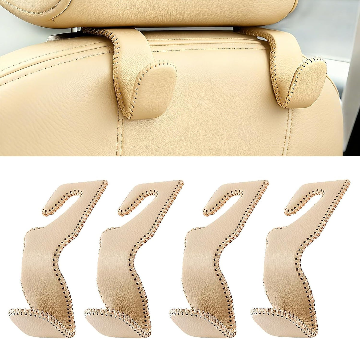 AMVOYOA Headrest Hooks for Car, Back Seat Organizer Black Leather Hanger Holder Hook, for Hanging Purses and Bags and Coats, Pack of 4