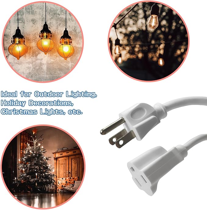 Indoor Outdoor Extension Cord 10 FT, 16/3 SJTW Weatherproof White Electrical Cords, 13 AMP Heavy Duty 3 Prong Power Cable Great for Garden, Landscaping & Holiday Decorations