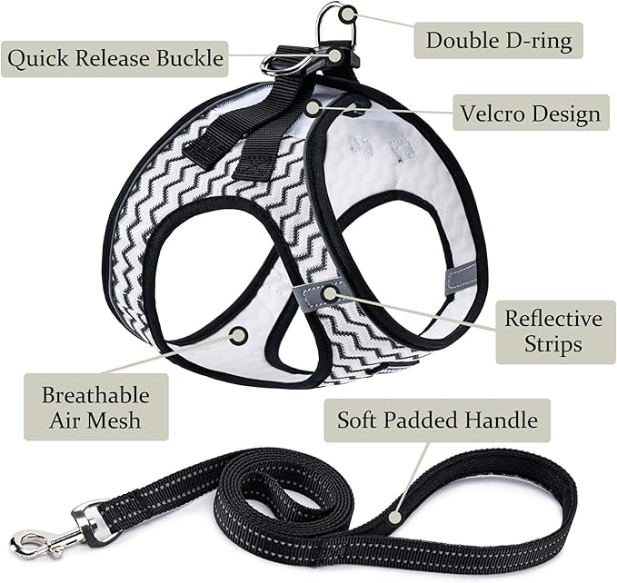 BOOMIBOO Dog Harness with Leash Set, No Pull Adjustable Reflective Step-in Puppy Pet Vest Harnesses for Small Medium Large Dogs and Cats,White Stripe S