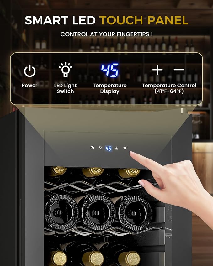 Feelfunn 18 Bottle Wine Cooler Refrigerator - Small Wine Fridge with Glass Door & Digital Temperature Control, Freestanding Wine Refrigerator for Red, White, Champagne or Sparkling Wine, Black