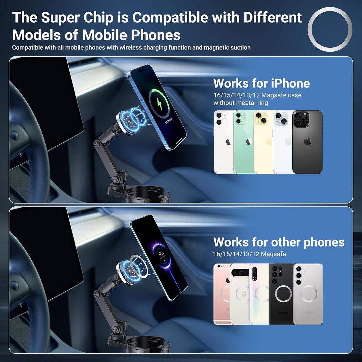 This Hill for Magnetic Cup Holder Charger, 360° Rotating Wireless Magnetic Car Charger, Fast Charging Phone Holder for iPhone 17 16 15 14 13 12 and Samsung Galaxy S20 Above Series [With QC 3.0 Adapter