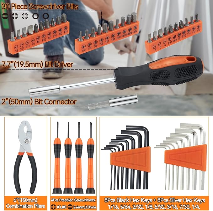 MARTCOLOR 58 Piece Household Tool Set, General Household Hand Tool Kit with Plastic Toolbox Storage Case, All Purpose Household Tool Kit for Home, Garage, Office and College Dormitory Use, Orange