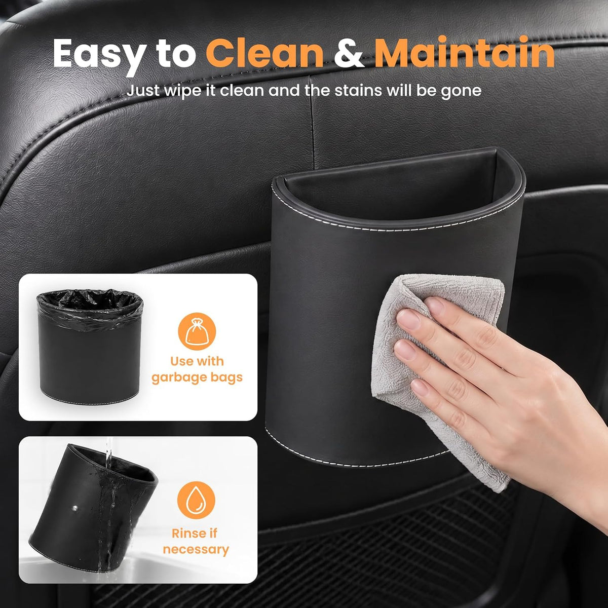 Car Trash Can,Leakproof Leather Car Garbage Can with Hanging Hooks,Waterproof Automotive Trash Bin,Portable & Multi-Purpose Vehicle Garbage Cans for Cars,SUV & Truck,Easy to Clean (Black)