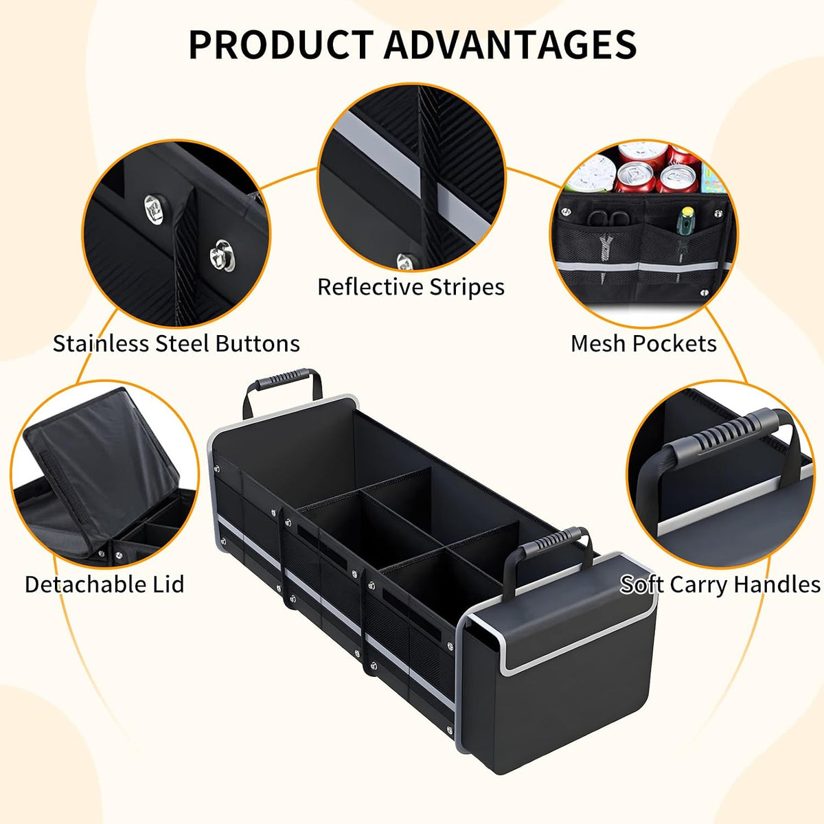 Car Trunk Organizer with Cooler Bag, Collapsible Multi-Compartment Storage Organizer for SUV Truck, Durable Car Cargo Organizer for Groceries Camping Travel