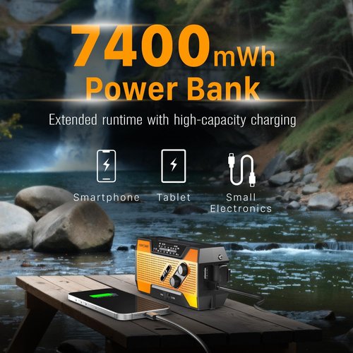 FosPower NOAA Emergency Weather Radio - Portable Power Bank with AM/FM, USB/Solar/Hand Crank Charging | Orange