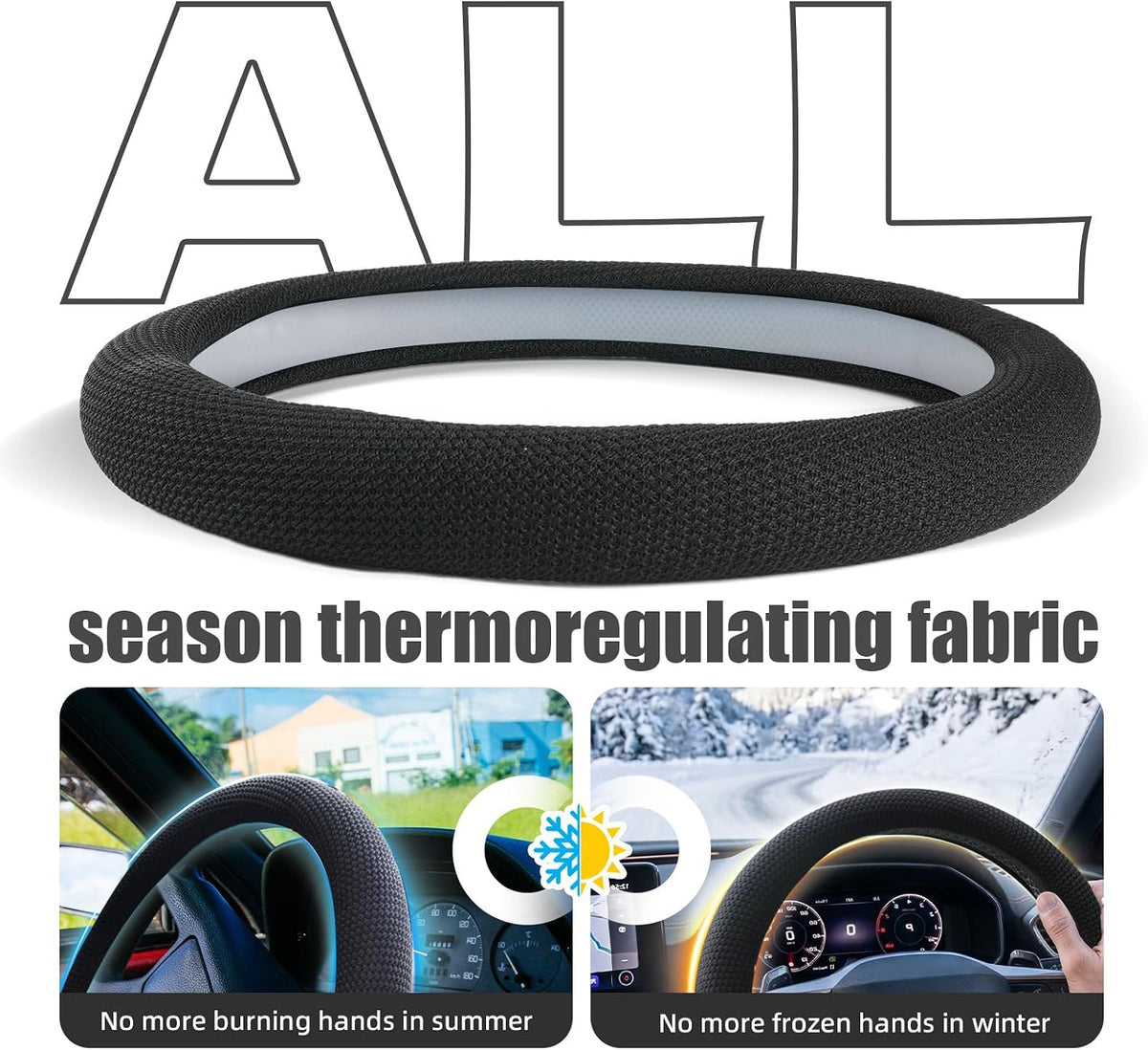 15“ Upgraded Black Steering Wheel Cover Men, Warm in Winter Cool in Summer