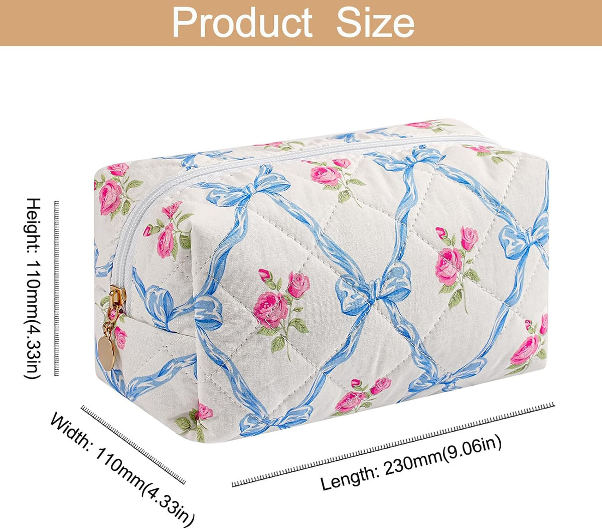 Makeup Bag Travel Cosmetic Bag for Women Girls, Zipper Make Up Pouch, Floral Flowers Toiletry Organizer Makeup, Portable Storage Bag, Cosmetic Travel Cloth Bag (Pink+Blue Bowknot)