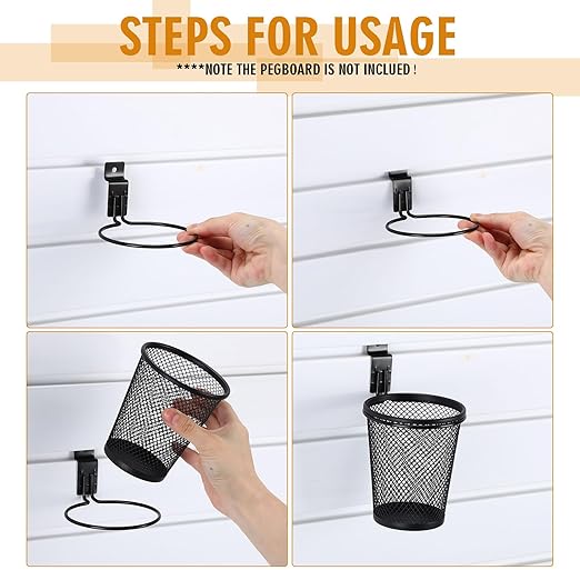Briwooody 6 Set Slatwall Accessory Cups with Hook, Slatwall Holder Organizer Accesories, Slat Wall Bin Metal Mesh Pencil Tool Holder Steel Cups for Craft Garage Workshop Office Storage(Medium,Black)