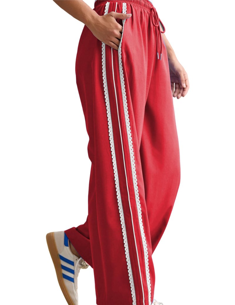 Yeokou Women's Wide Leg Sweatpants Side Stripe Crochet Slip on Drawstring Casual Running Track Palazzo Pants with Pockets (Red-S)