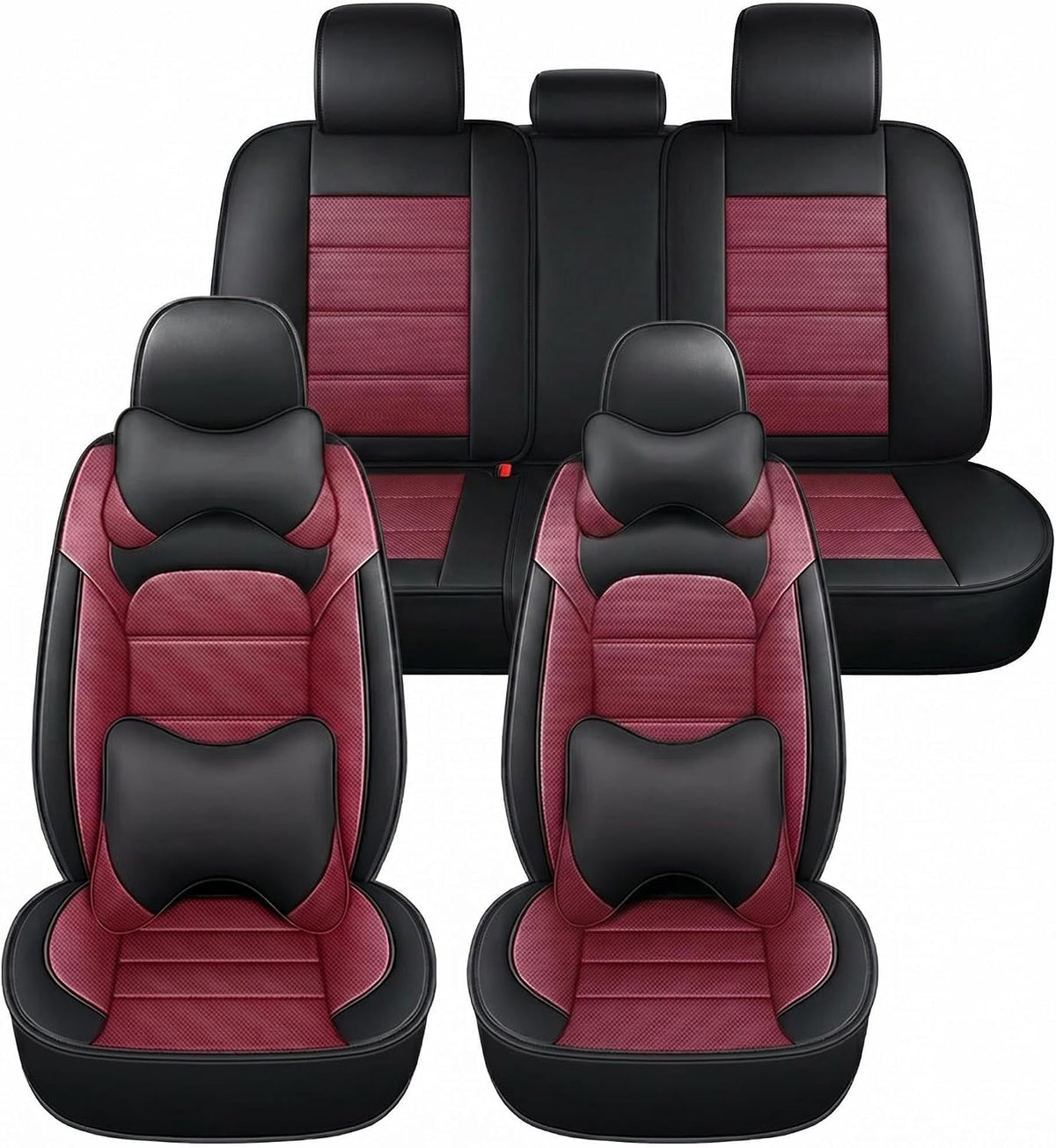 YQ Faux Leather Seat Covers Black Red Full Set w/ 2 Pillows Universal 2 Row