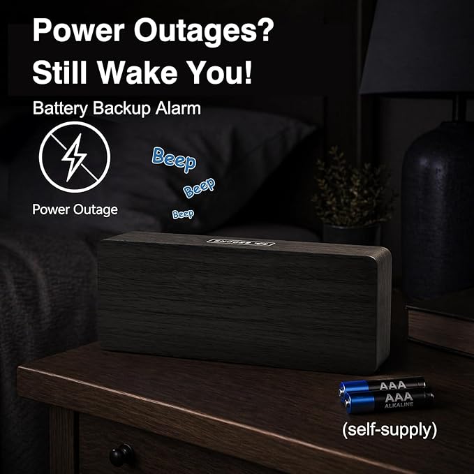 Peakeep Wooden Digital Alarm Clock Large Display, Textured Decoration