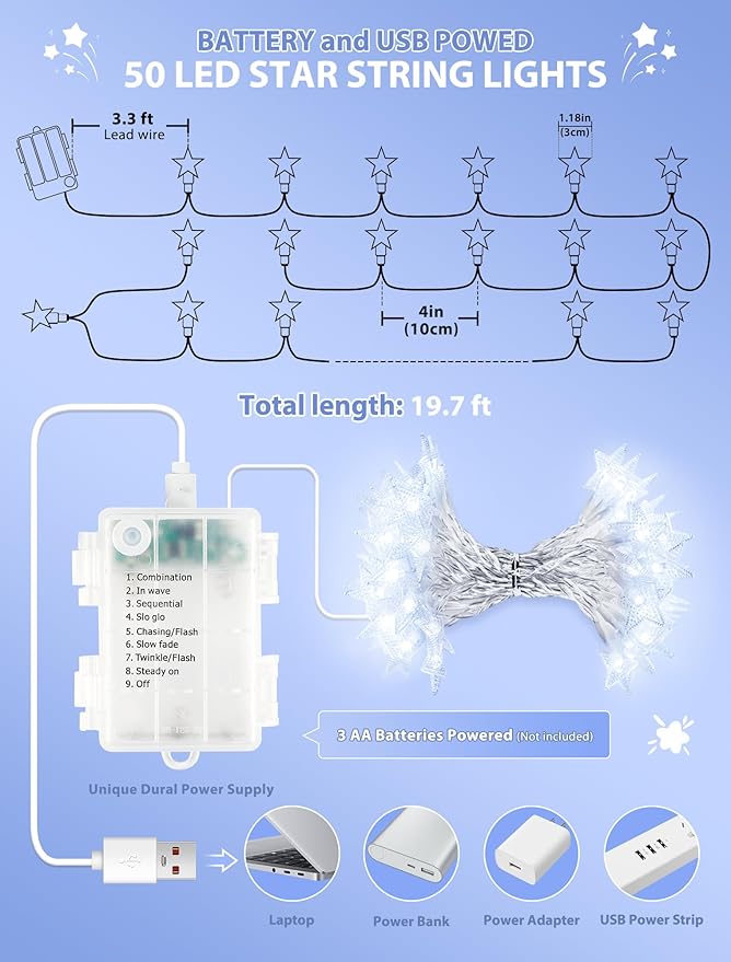 Star String Lights Battery&USB Powered,16.4FT 50LED Star Fairy Lights with Remote, Hanging Star Lights for Home, Kids Tent, Bedroom,Porch, Classroom, Christmas,Party,Room Decor,White