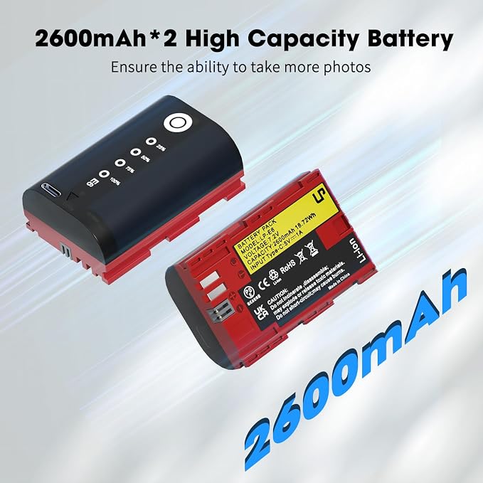 LP LP-E6, LP-E6N Battery 2-Pack 2600mAh USB-C Charging, LED Display Replacement
