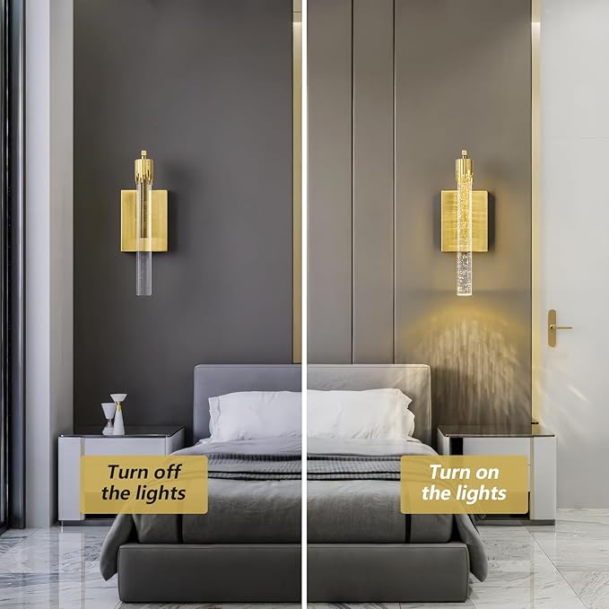 Gold LED Wall Sconce Set of Two with Bubble Crystal Stick Wall Light Modern Bathroom Vanity Light Fixture for Bedroom Bedside Hallway