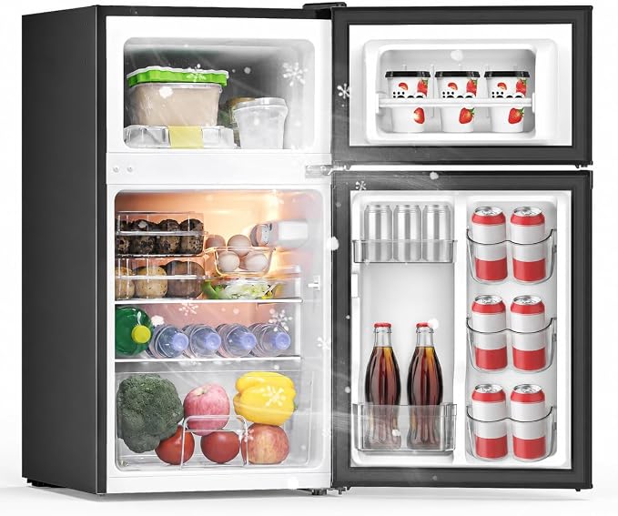 3.2 Cu Ft Mini Fridge with Freezer, Double Door Upright Freezer | Energy Efficient, Glass Shelves, Interior Light, ETL Certified, Compact Small Refrigerator for Bedroom, Office & Dorm, Black