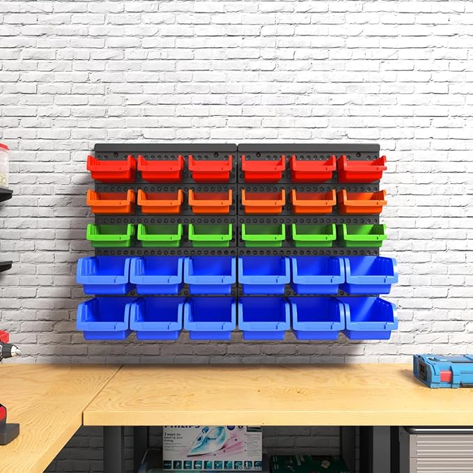 Wall Mounted Storage Bins Parts Rack 4 Colors Garage Plastic Shop Tool Organizer, ABS Plastic Garage Rack, Screw Storage 30 Bins