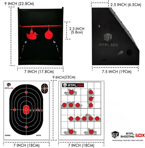 Atflbox BB Gun Target Trap - 7 x 9 Inch with 20 Paper Targets & Spinning Metal Silhouettes | Ideal for Airsoft & Pellet Guns