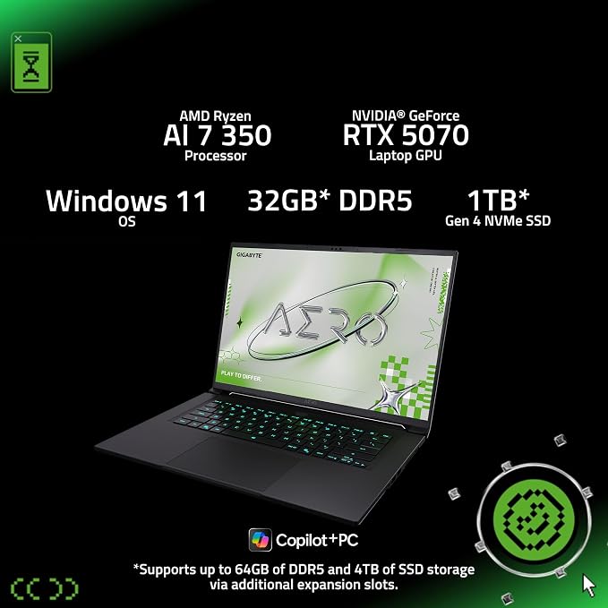 GIGABYTE AERO X16, Copilot+ PC - 165Hz 2560x1600 WQXGA - NVIDIA GeForce RTX 5070 - AMD Ryzen AI 7 350-1TB SSD with 32GB DDR5 RAM - Windows 11 Home - Lunar White