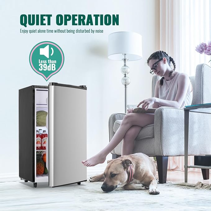 Refrigerator 3.2 Cu.Ft Single Door Fridge with freezer Refrigerator with 5 Adjustable Temperature LED Lights Removable Storage Shelves Apartment size Fridge for Bedroom Dorm Office Silver