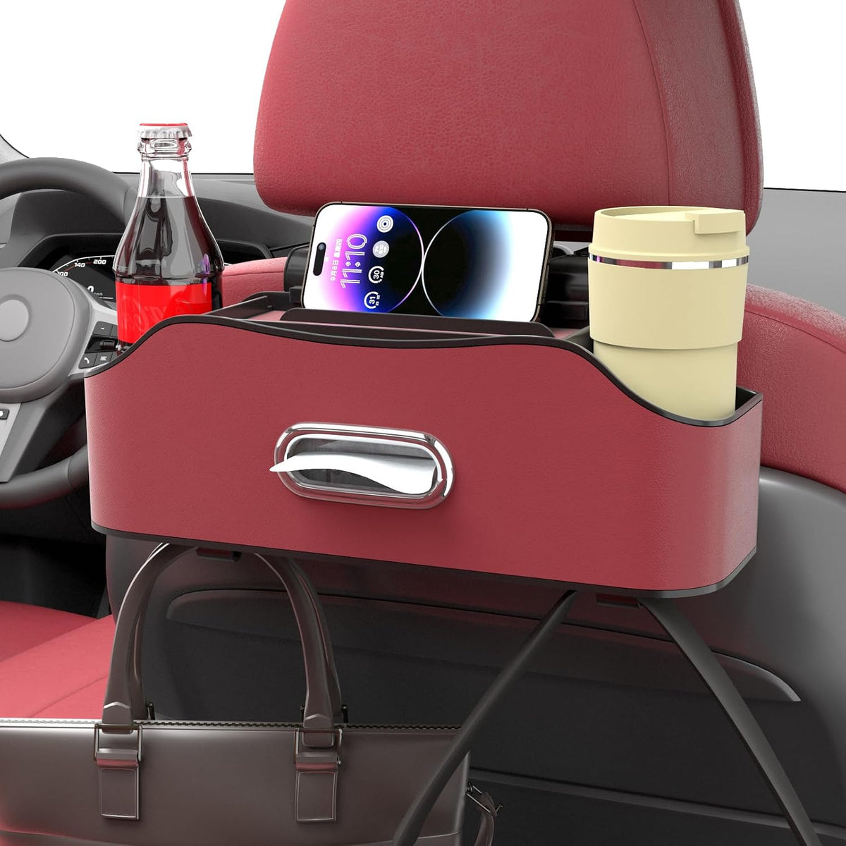 Back Seat Cup Holder for Car – Multifunctional Seat Back Organizer with Drink Holders, Tissue Box Storage & Hooks, Fits Headrest for Auto. (Gray)
