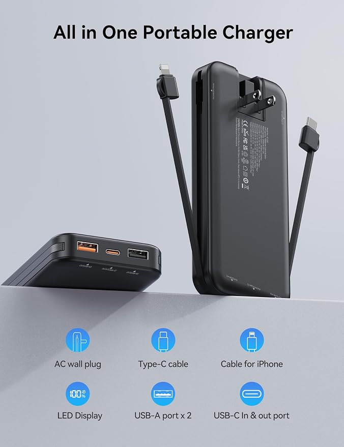 10000mAh Ultra-Portable-Charger-Power-Bank with Built in Cables&AC Wall Plug, PD20W USB-C Fast Charging Cell Phone Charger Battery Pack,LED Display Travel Battery Bank for All iPhone,Samsung,Android