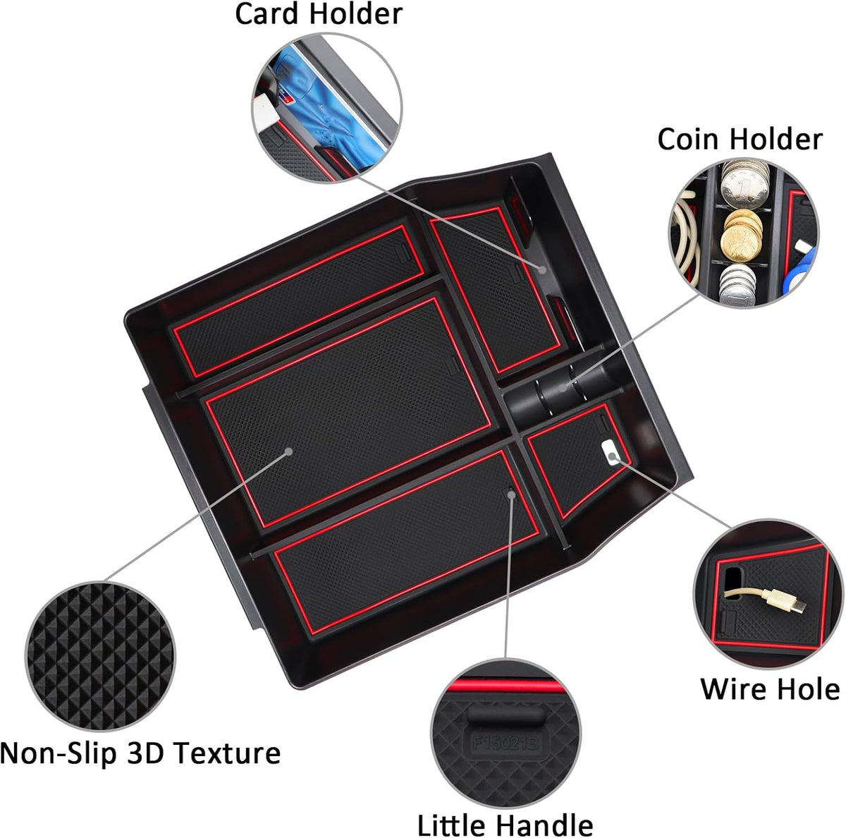 Center Console Organizer Tray for Ford F150 2021 2022 2023 2024 Accessories Interior Secondary Storage Armrest Box Insert Hidden Cubby Drawer (Full Console w/Bucket Seats ONLY) (Red Trim)