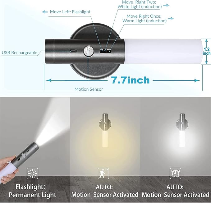 LED Battery Operated Wall Light with Motion Sensor Indoor Dimmable Wall Lampe Magnetic Lamp USB Rechargeable Wall Socnce Lighting Stick-On Night Lights for Entrance Hallway Staise (Grey,2 Packs) (