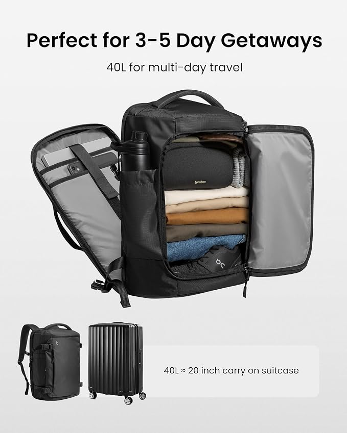 tomtoc Travel Backpack 40L, TSA Friendly Flight Approved Carry-on Luggage Hand