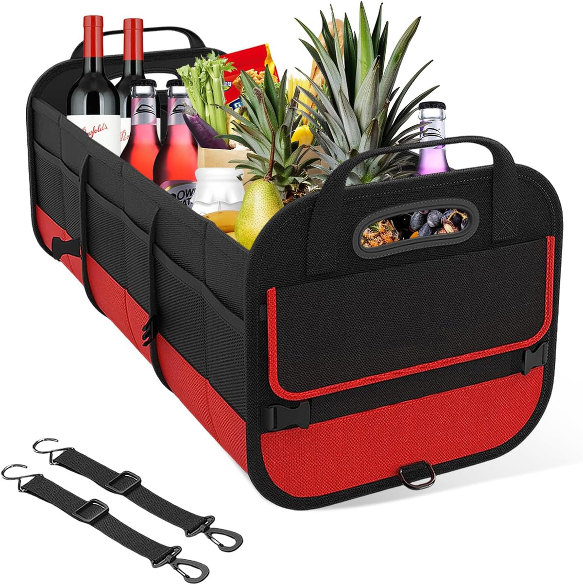Car Trunk Organizer, Large Capacity Collapsible Cargo Organizer with Adjustable Straps Reinforced Handles, Multi-Compartment Trunk Storage Box for Car Truck SUV Sedan (Black & Gray)
