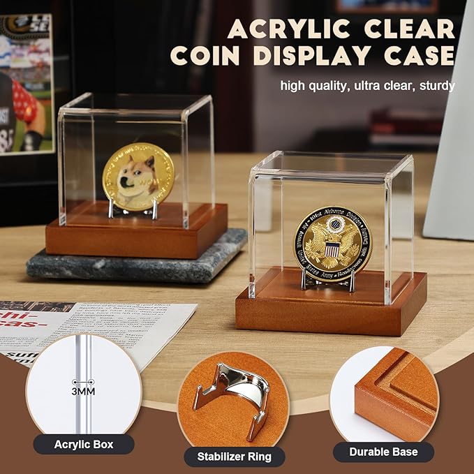 JupDec Coin Display Case, Clear Acrylic Showcase with Wood Base & Alloy Holder for Single Challenge Coin, UV Protection Souvenirs and Collectibles Box, Ideal Gift for Coin Fans, Brown
