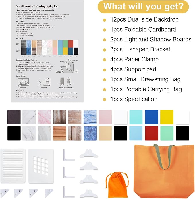 Meking 12Pcs 22Patterns Small Product Photography Backdrops Kit Photo