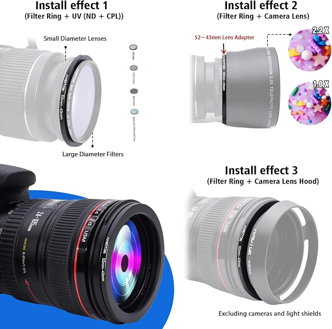 52mm Lens to 43mm Camera Lens Adapter, 52mm-43mm Filter Step-Down Ring