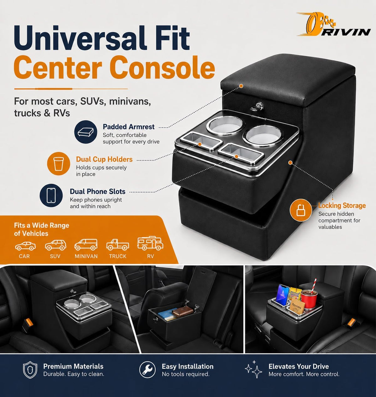 20" L x 9.65" W x 13.78" H, 24L Center Console Between Seats for Minivans, SUVs & Trucks, Floor/Bench Seat Organizer with Locking Hidden Storage, Dual Cup Holders & Armrest
