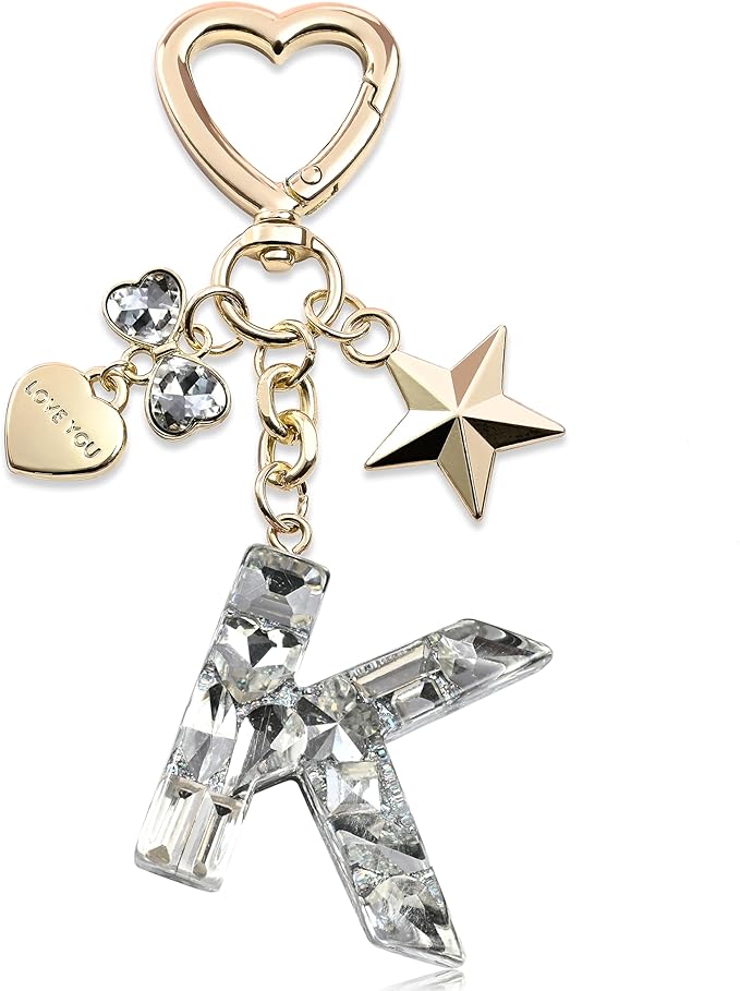 Cute Bling Keychain initial Letter Butterfly Star Pink Purple Gift for Women Girls Bag Cup Charms Accessories