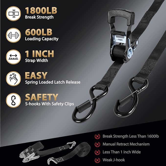 Ratchet Straps - Heavy Duty Tie Downs Straps - 1 Inch x 15 Feet 2 Pack - Safety S Hooks & Soft Loops, 1800LBS Break Strength for Men, Trucks Cargo Moving appliances Motorcycle ATV