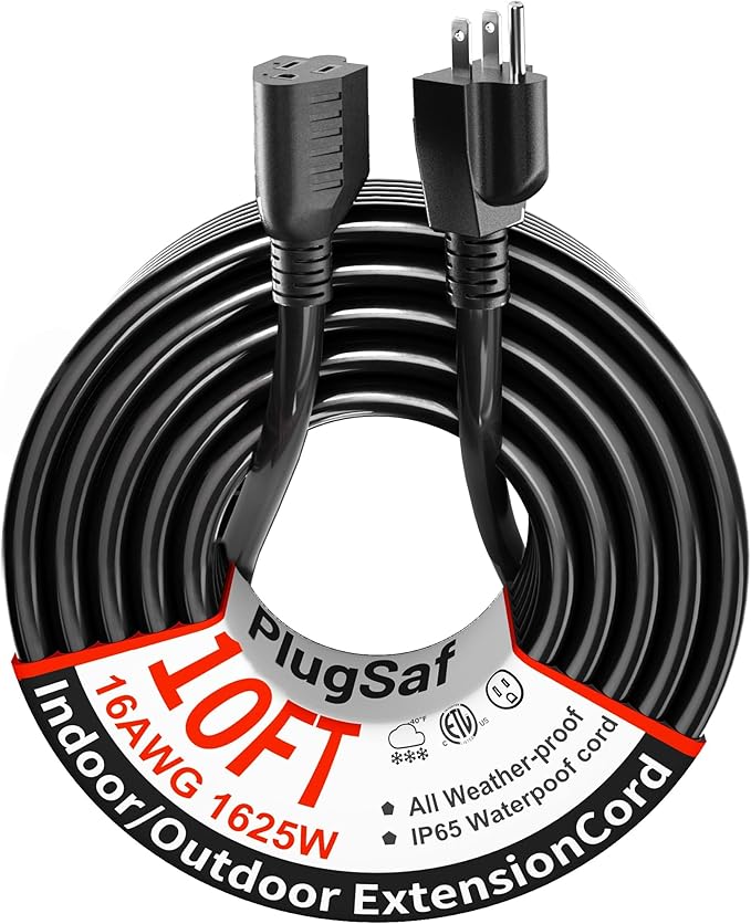 PlugSaf Black Outdoor Extension Cord 10 ft 16/3 Gauge Waterproof, Cold Weatherproof -58°F, Flame Retardant, Flexible 3 Prong Electric Cord for Lawn Office,13A 1625W 16AWG SJTW, ETL Listed