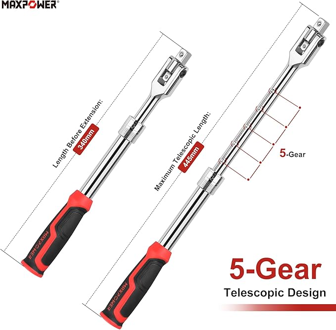 MAXPOWER Extendable Breaker Bar, Dual Head 1/2" & 3/8" Drive 360° Flex Head Cheater Bar, 5-Gear Extending Locking, Extendable Handle 13-3/8" to 18"