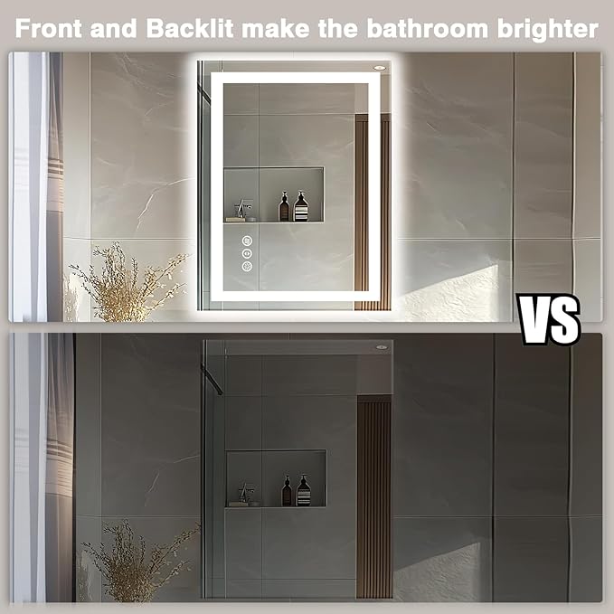 24"x32" LED Bathroom Mirrors for Wall, Front and Backlit Mirror, Anti-Fog Vanity Mirror with Lights, Stepless 3 Colors Dimmable Smart Lighted Mirror(Horizontal/Vertical)