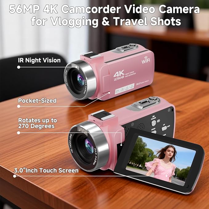 Video Camera, 4K Camcorder 56MP Digital Video Recorder 18X Zoom 3" 270°
